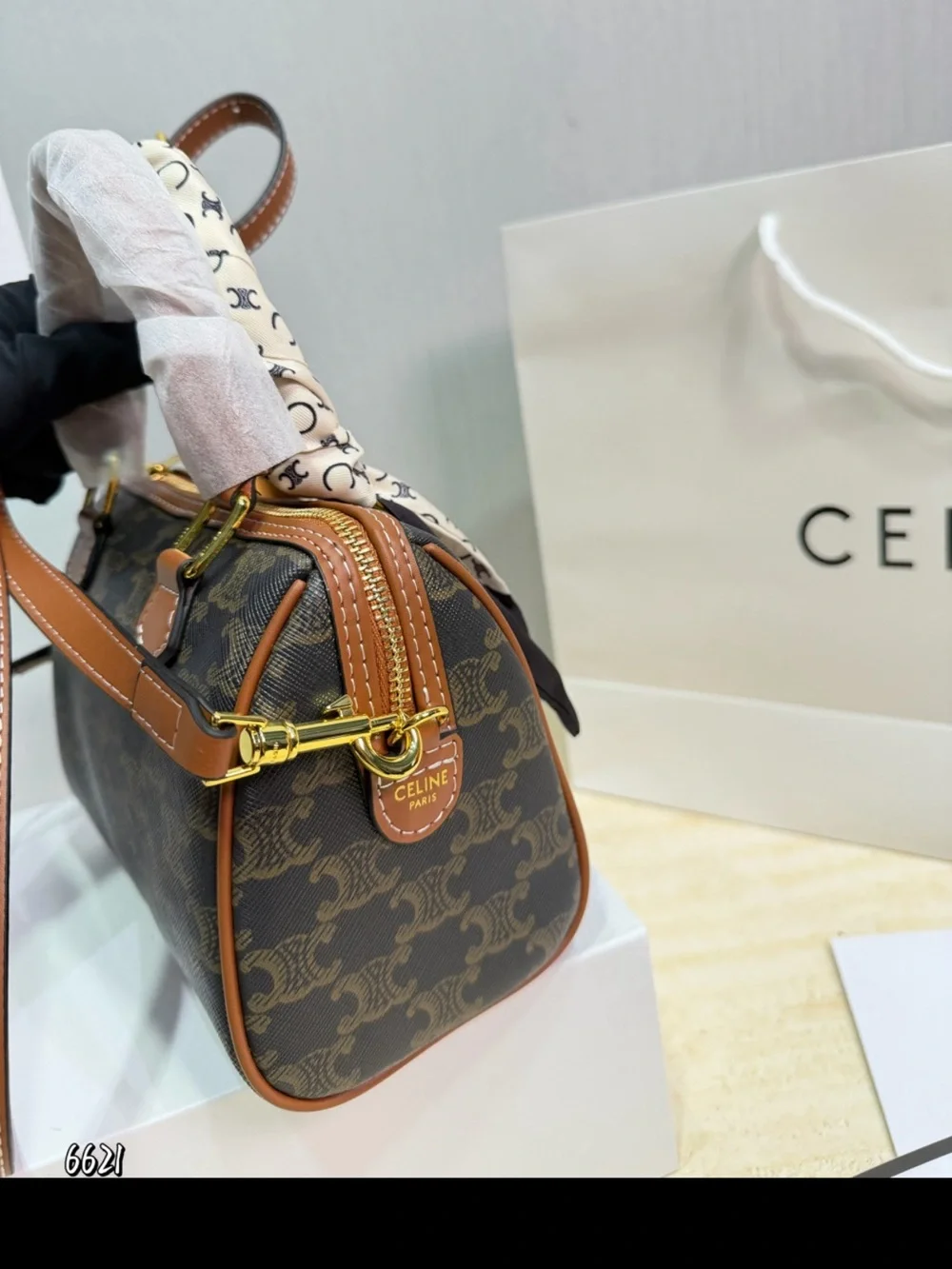 Celine Brown Triomphe Mini Satchel with Logo Scarf Wrap
